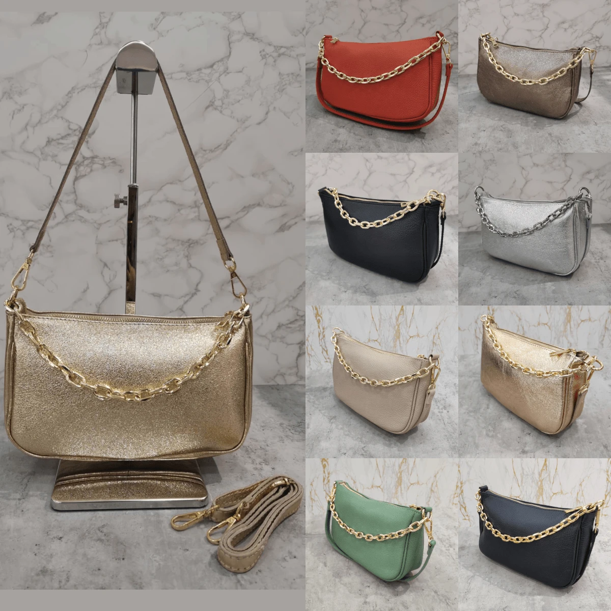 Pochette Zippée Cuir Grainé Avec Poignée En Chaîne Dorée 4 Pochette Zippée Cuir Grainé Avec Poignée En Chaîne Dorée – Image 2