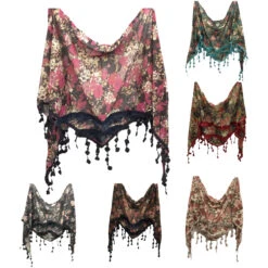 Foulard Triangulaire Motif Fleurie à Bordure En Pompons Colorix MIX